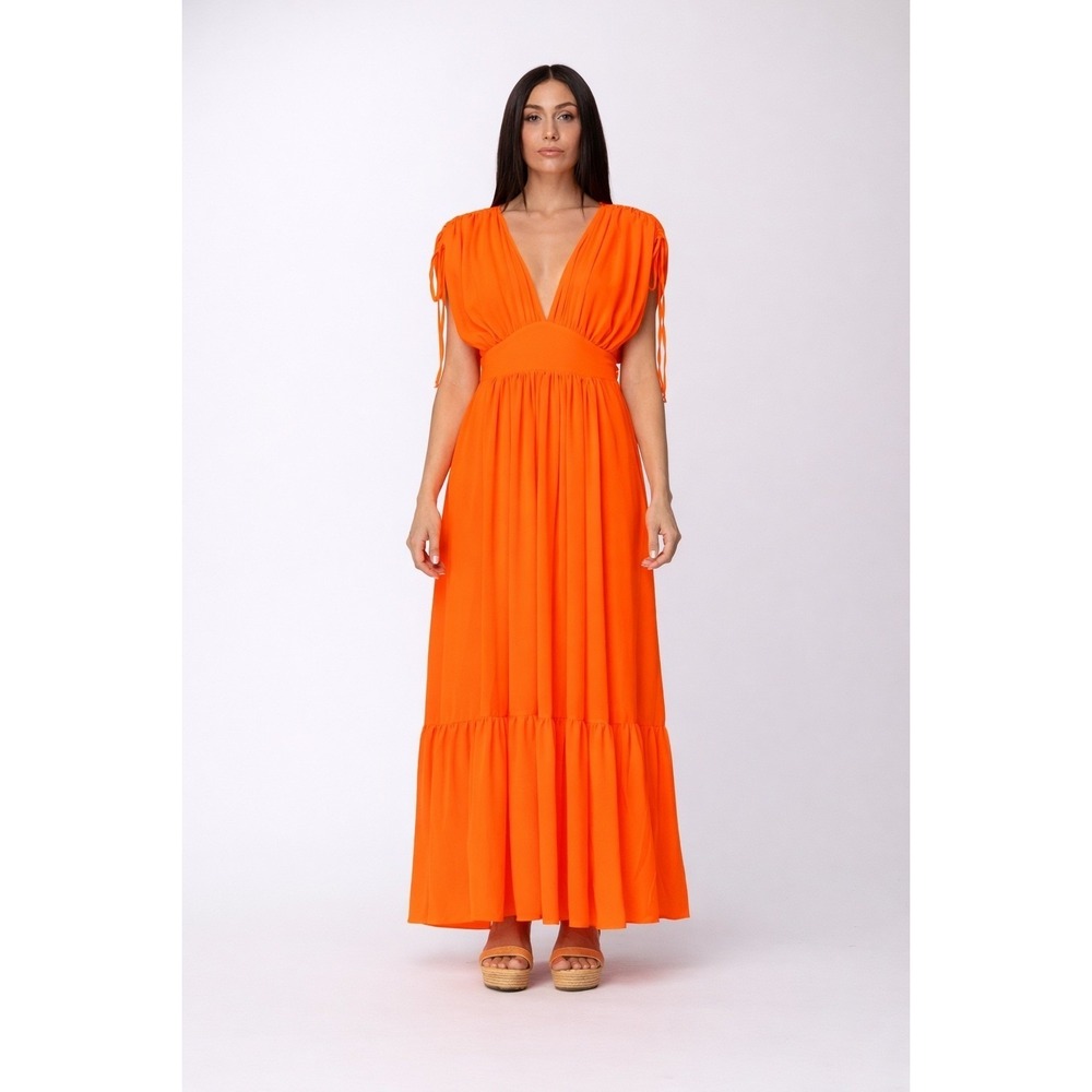 Aniye By Kimono Iris Orange Pleated V-Neck Maxi Dress NWT Size M